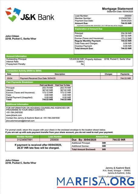 Downloadable India Jammu & Kashmir Bank mortgage statement Word and PDF template